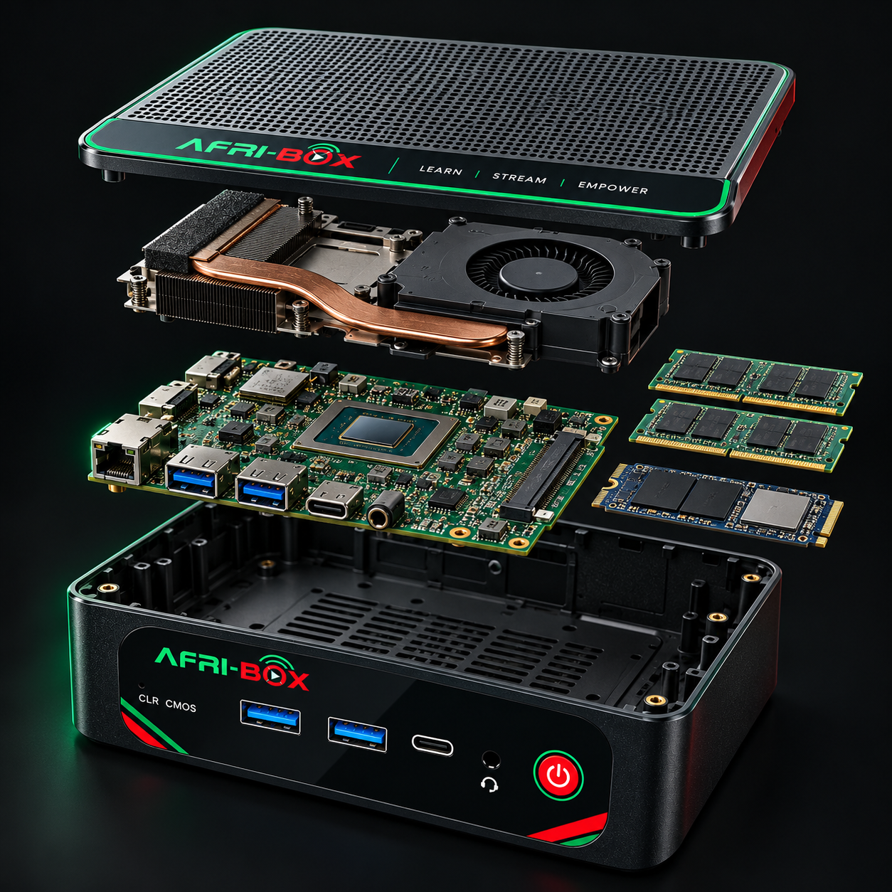 Conceptual exploded AfriBox illustration with a raised branded lid, cooling assembly, motherboard, RAM, SSD, and lower enclosure